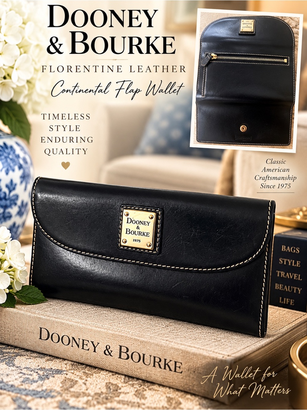 Dooney & Bourke Black Florentine Leather Continental Flap Wallet